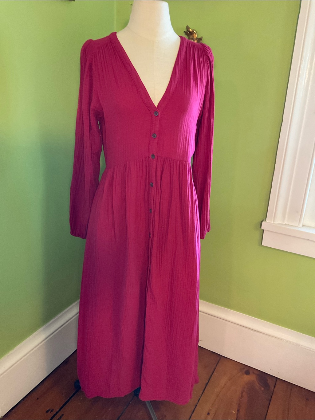 Xirena Gia Cotton Gauze Button Down Cranberry Pink Midi Dress Balloon Sleeve - S